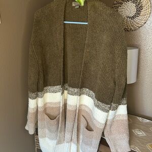 Barefoot Dreams CozyChic Olive and Cream Cardigan